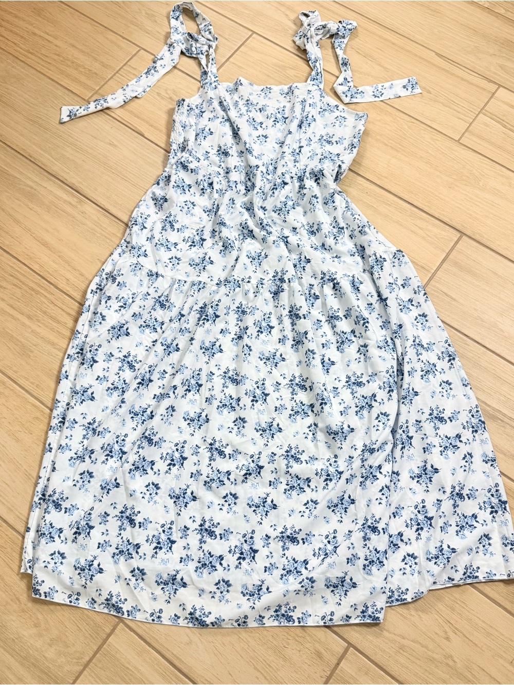 Blue Floral Smocked Maxi Dress 3XL Tie Shoulder Boho Cottagecore Plus
